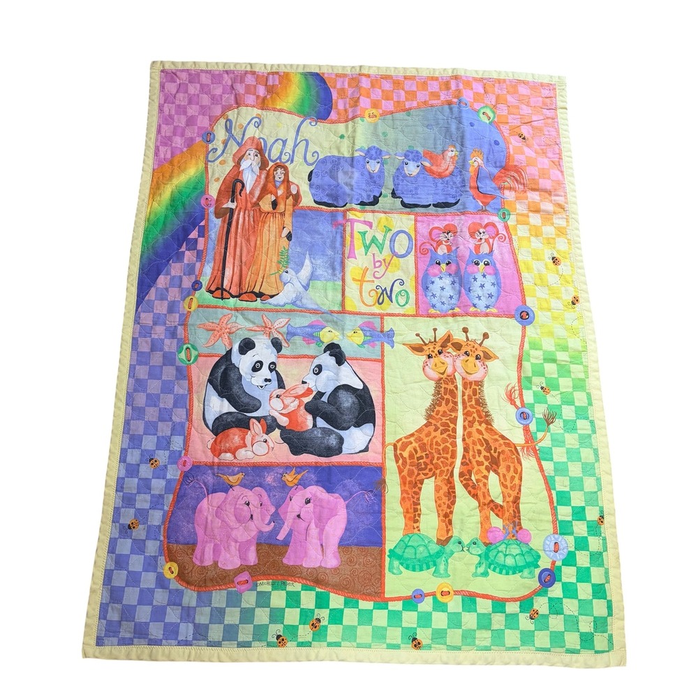 Vtg Noahs Ark Baby Quilt Rainbow Animal Nursery Blanket Retro 90s Hanging 43x32